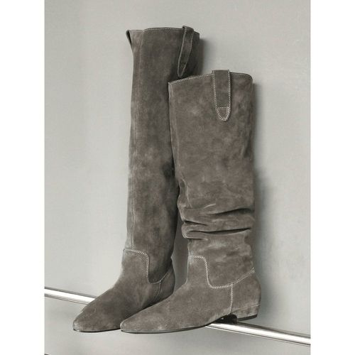 Suede Knee High Boots Grey Pointed Toe Flat Slouch Boots - milanoo.com - Modalova