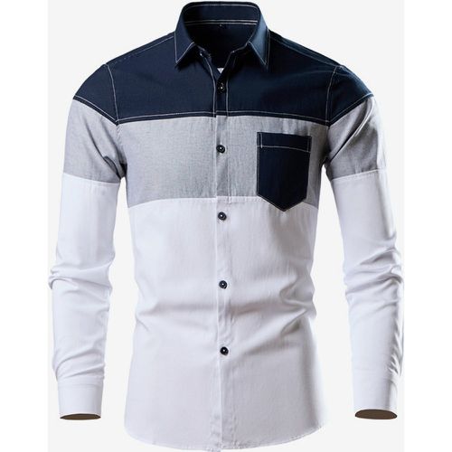 Men's Casual Patchwork Long-Sleeved Shirts Lapel Slim Fit Top - milanoo.com - Modalova