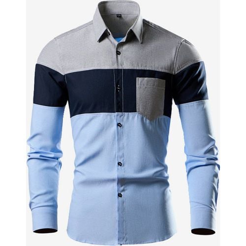 Men's Casual Patchwork Long-Sleeved Shirts Lapel Slim Fit Top - milanoo.com - Modalova