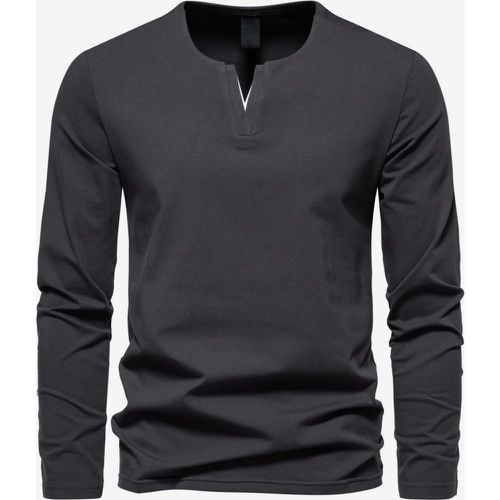 Men’s Cotton V-Neck Long-Sleeve T-Shirt Casual Solid Color Top - milanoo.com - Modalova