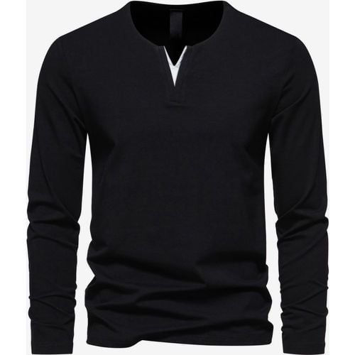 Men’s Cotton V-Neck Long-Sleeve T-Shirt Casual Solid Color Top - milanoo.com - Modalova