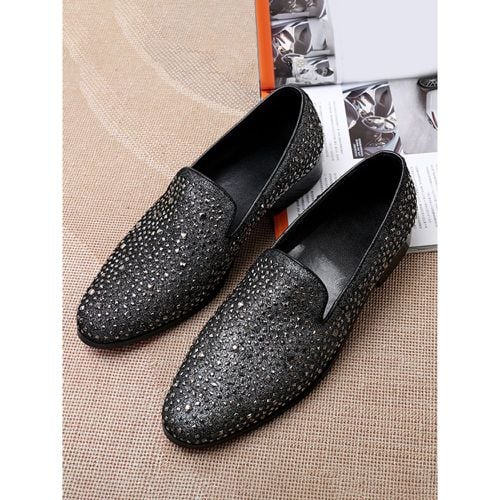 Men's Loafer Glitter Rivets Pointed Toe Leather Slip On Prom Wedding Shoes - milanoo.com - Modalova