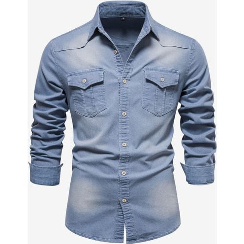 Men's Denim Shirt Casual Solid Color Long-Sleeved Slim Fit Shirt - milanoo.com - Modalova