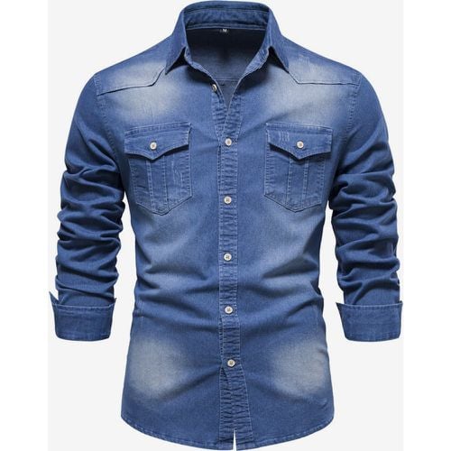 Men's Denim Shirt Casual Solid Color Long-Sleeved Slim Fit Shirt - milanoo.com - Modalova