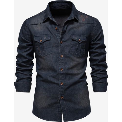 Men's Denim Shirt Casual Solid Color Long-Sleeved Slim Fit Shirt - milanoo.com - Modalova