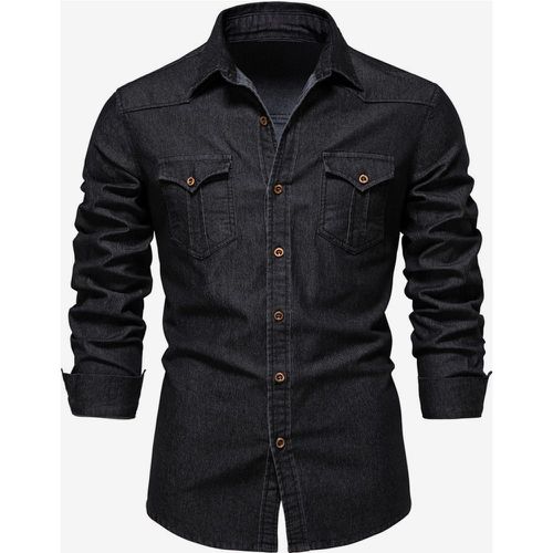 Men's Denim Shirt Casual Solid Color Long-Sleeved Slim Fit Shirt - milanoo.com - Modalova