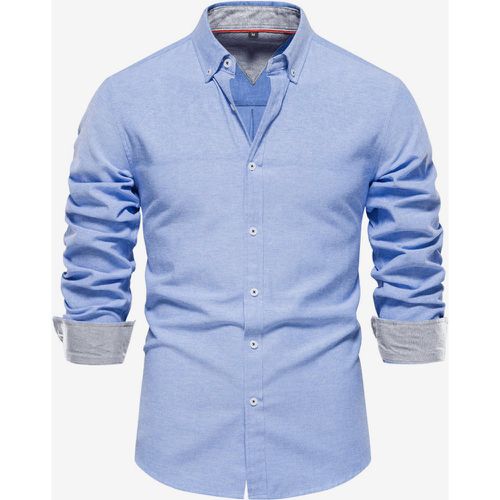 Men's Casual Slim Fit Shirt Solid Color Long-Sleeved Single Breasted Top - milanoo.com - Modalova