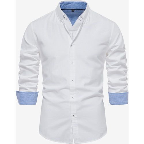 Men's Casual Slim Fit Shirt Solid Color Long-Sleeved Single Breasted Top - milanoo.com - Modalova