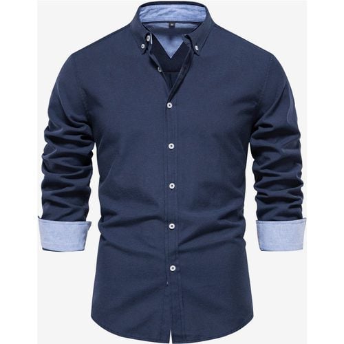 Men's Casual Slim Fit Shirt Solid Color Long-Sleeved Single Breasted Top - milanoo.com - Modalova