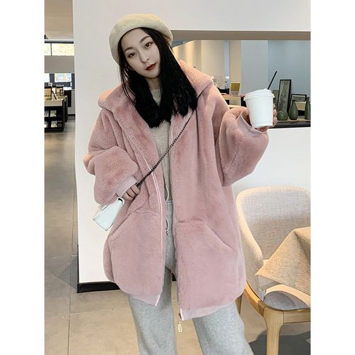 Faux Fur Coats Sage No Waistline Long Sleeves Faux Fur Coat Oversized Women Coat - milanoo.com - Modalova