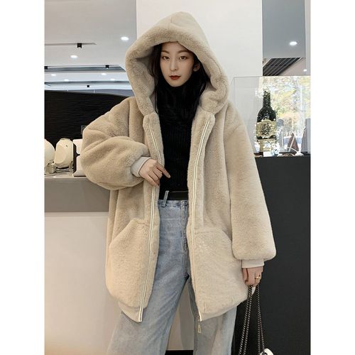 Faux Fur Coats Sage No Waistline Long Sleeves Faux Fur Coat Oversized Women Coat - milanoo.com - Modalova