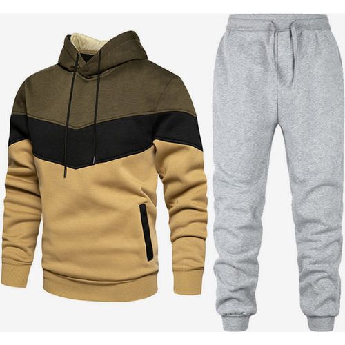 Men's Sports Two-Piece Suit Casual Patchwork Hooded Sweatshirt and Trousers - milanoo.com - Modalova