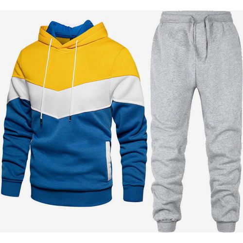 Men's Sports Two-Piece Suit Casual Patchwork Hooded Sweatshirt and Trousers - milanoo.com - Modalova