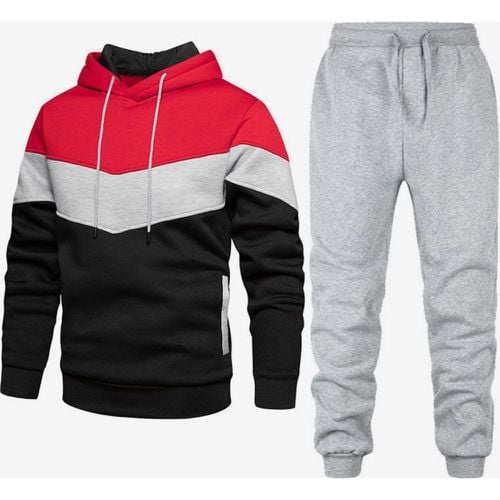 Men's Sports Two-Piece Suit Casual Patchwork Hooded Sweatshirt and Trousers - milanoo.com - Modalova