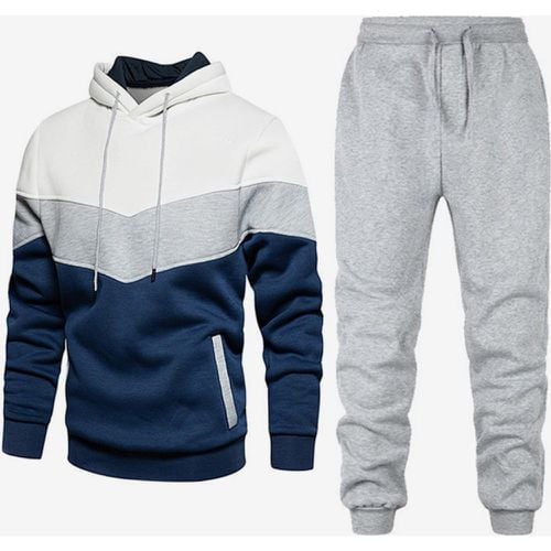 Men's Sports Two-Piece Suit Casual Patchwork Hooded Sweatshirt and Trousers - milanoo.com - Modalova