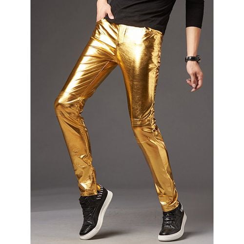 Men's Slim-Fitting Pants Stage Performance Motorcycle Shiny Silver Leather Pants - milanoo.com - Modalova