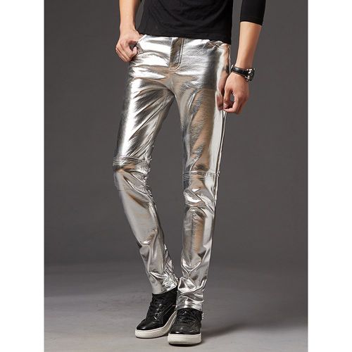 Men's Slim-Fitting Pants Stage Performance Motorcycle Shiny Leather Pants - milanoo.com - Modalova