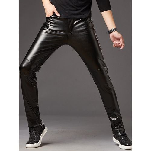 Men's Slim-Fitting Pants Stage Performance Motorcycle Shiny Silver Leather Pants - milanoo.com - Modalova