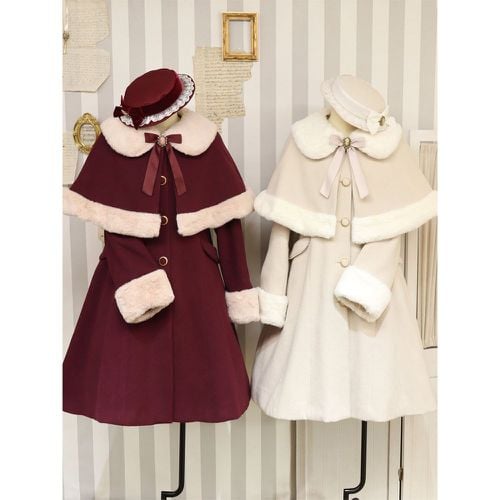 Academic Lolita Coats Burgundy Christmas Bows Polyester Cape Overcoat Coat Color Block Lolita Outwears Winter - milanoo.com - Modalova