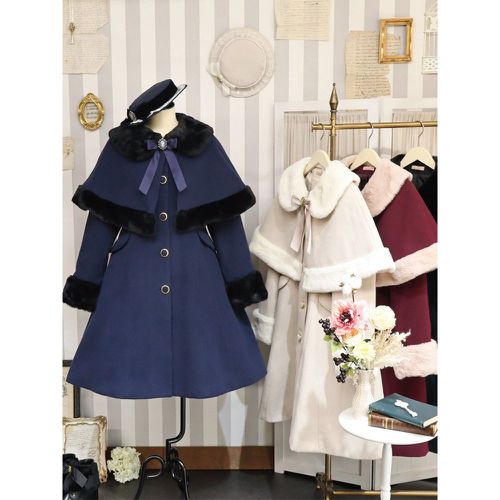 Academic Lolita Coats Burgundy Christmas Bows Polyester Cape Overcoat Coat Color Block Lolita Outwears Winter - milanoo.com - Modalova