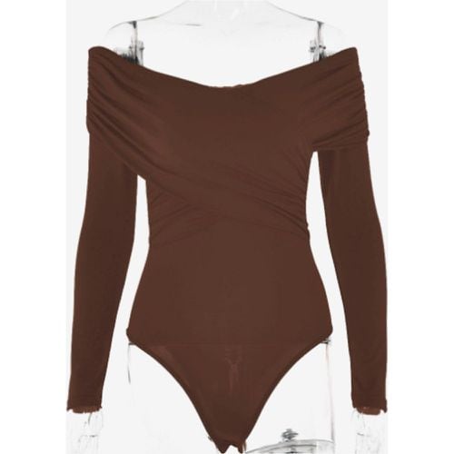 Long Sleeves Bodysuit White Bateau Neck Pleated Two-Tone Chic Polyester Top For Women - milanoo.com - Modalova