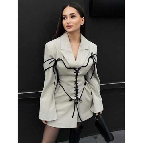 Blazer Dresses Turndown Collar Two-Tone Lace Up Long Sleeves Chic Women's Clothing Mini Dresses - milanoo.com - Modalova