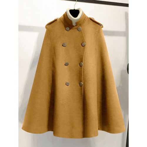 Woman Coat Black Stand Collar Long Sleeves Buttons Layered Casual Winter Coat - milanoo.com - Modalova