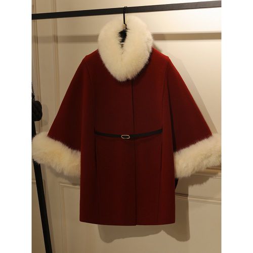 Coat For Woman Ecru White High Collar Long Sleeves Faux Fur Layered Elegant Woolen Coat - milanoo.com - Modalova