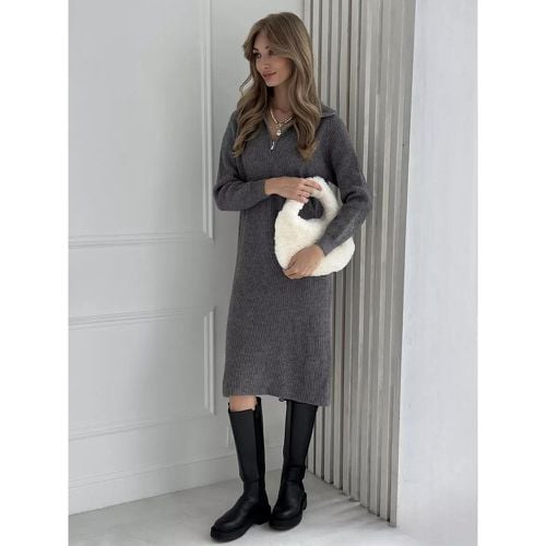 Women's Knitted Dress Charming Zipper Polyester Long Sleeves Turndown Collar - milanoo.com - Modalova