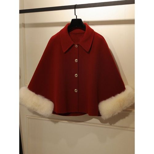 Coat For Woman Color Block Turndown Collar Faux Fur Casual White Winter Coat - milanoo.com - Modalova