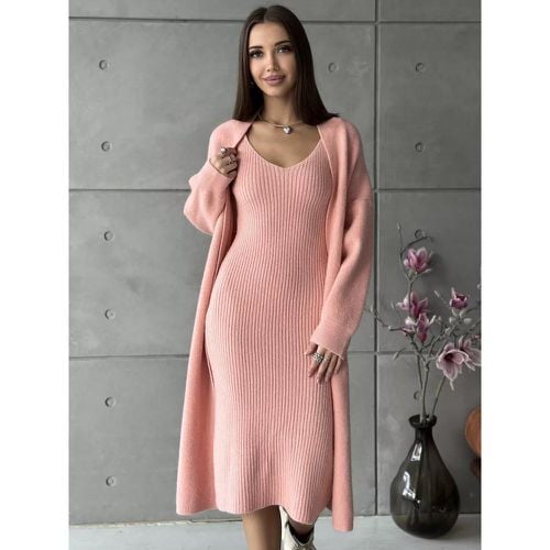 Knitted Dress And Outerwear Elegant Jewel Neck Long Sleeves 2pieces Set For Women - milanoo.com - Modalova