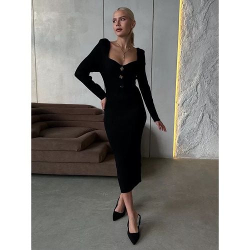 Knitted Dress Comfy Buttons Square Neck Long Sleeves Polyester - milanoo.com - Modalova