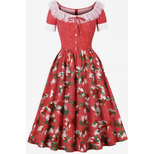 Vintage Dress Floral Print 1950s Audrey Hepburn Style Bows Short Sleeves Jewel Neck Long Rockabilly Dress - milanoo.com - Modalova