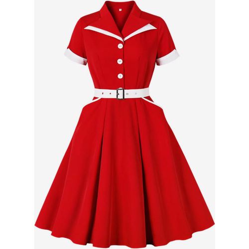 Retro Dress 1950s Audrey Hepburn Style Two-Tone Sash Short Sleeves Turndown Collar Long Swing Dress - milanoo.com - Modalova