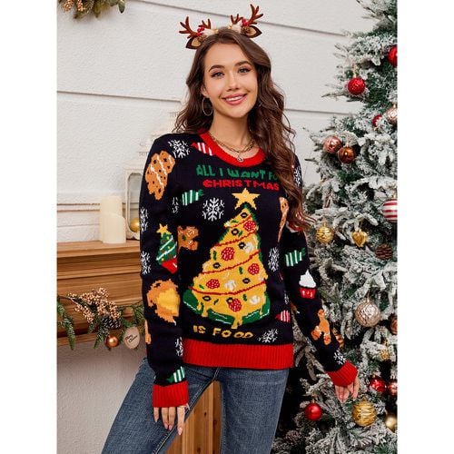 Pullovers For Women Christmas Pattern Jewel Neck Long Sleeves Polyester Sweaters - milanoo.com - Modalova