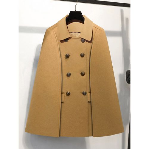 Woman Coat Turndown Collar Buttons Elegant Layered Black Wrap Coat - milanoo.com - Modalova