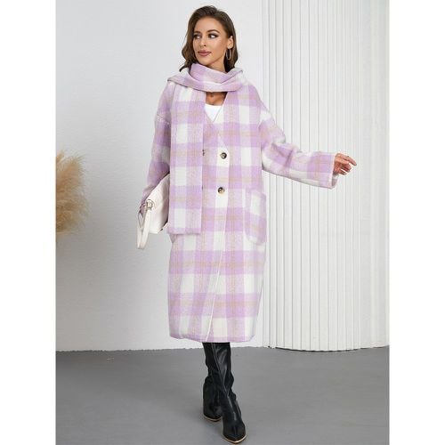 Winter Coats Pink Turndown Collar Buttons Lace-up Long Sleeves Plaid Outerwear - milanoo.com - Modalova