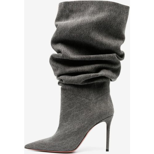 High Heel Mid Calf Boots Grey Canvas Pointed Toe Stiletto Heel Slouch Boots - milanoo.com - Modalova