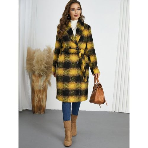 Winter Coats Turndown Collar Buttons Lace-up Long Sleeves Plaid Outerwear - milanoo.com - Modalova