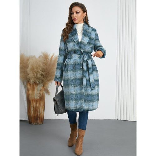 Winter Coats Yellow Turndown Collar Buttons Lace-up Long Sleeves Plaid Outerwear - milanoo.com - Modalova