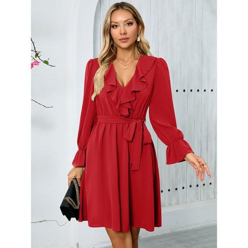 Party Dresses V-Neck Ruffles Long Sleeves Semi Formal Dress - milanoo.com - Modalova