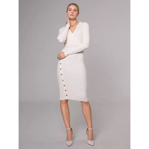 Knitted Dress Charming Buttons Polyester Long Sleeves V-Neck - milanoo.com - Modalova