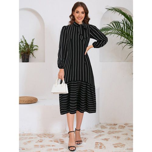 Midi Dress Stripes Ruffles Polyester Chic Embellished Collar Long Sleeves - milanoo.com - Modalova