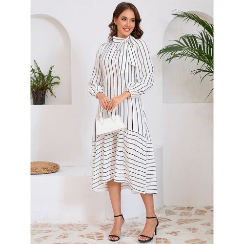 Midi Dress Stripes Ruffles Polyester Chic Embellished Collar Long Sleeves - milanoo.com - Modalova