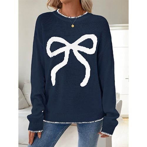 Women Pullover Sweater Ecru White Bows Geometric Jewel Neck Long Sleeves Layered Acrylic Sweaters - milanoo.com - Modalova