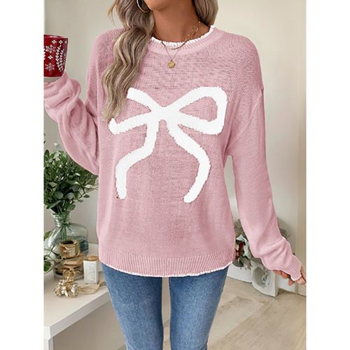 Women Pullover Sweater Ecru White Bows Geometric Jewel Neck Long Sleeves Layered Acrylic Sweaters - milanoo.com - Modalova