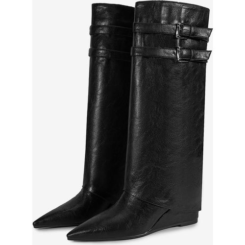 Wedge Knee High Boots Women Pointed Toe Buckle Detail Foldover Boots - milanoo.com - Modalova