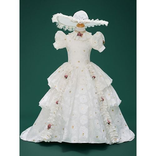 Retro Costumes Girl's Jacquard Flowers Ruffles Marie Antoinette Costume Polyester Tunic Hat Dress Euro-Style 18th Century Costume - milanoo.com - Modalova