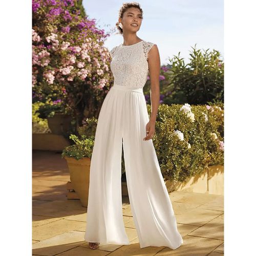 Bridal Jumpsuit Lace Lace Floor-Length Jumpsuit Jewel Neck Short Sleeves Natural Waist - milanoo.com - Modalova