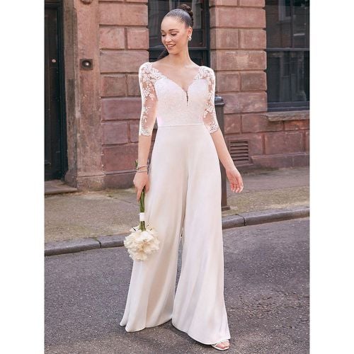 Bridal Jumpsuit Lace Lace Floor-Length Jumpsuit V-Neck Half Sleeves Natural Waist - milanoo.com - Modalova